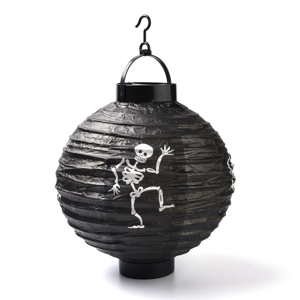 Lampe Halloween en papier, à led, noir squelette, avec crochet, diam 20cm