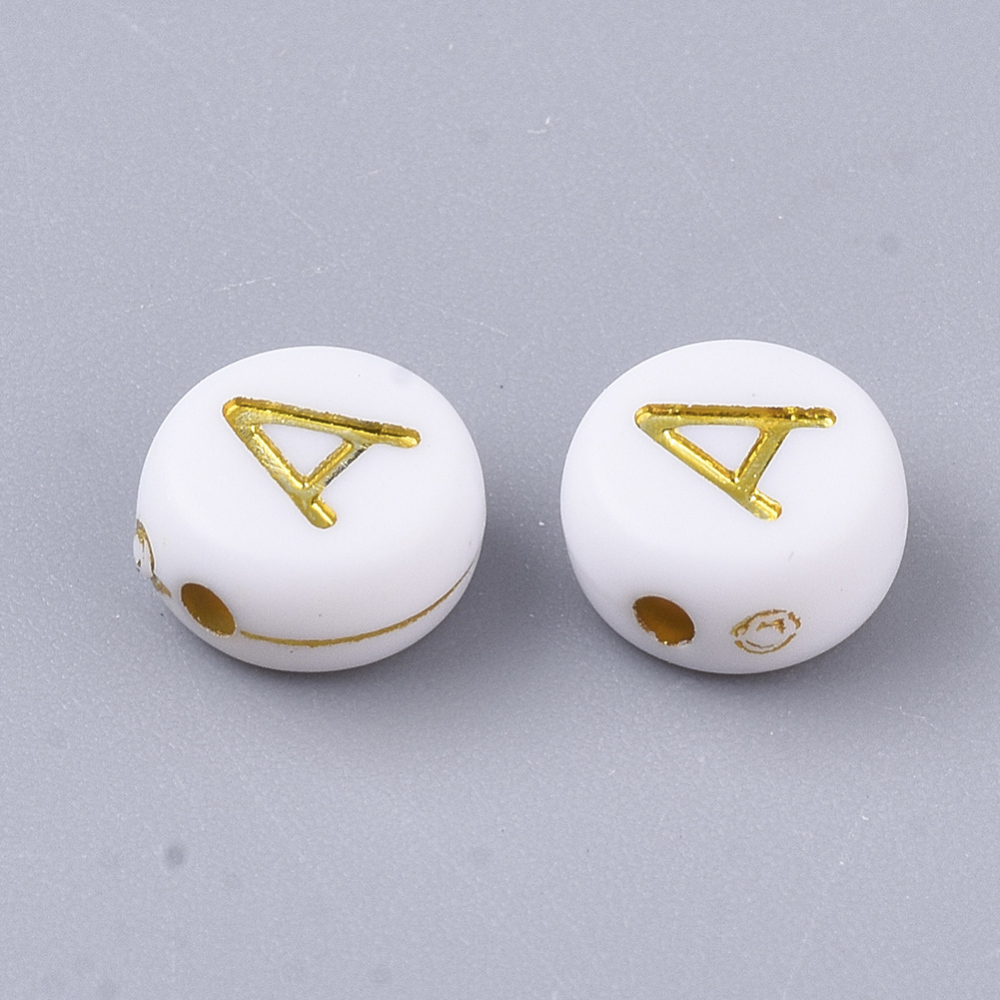 Lettre Perle en plastique, A, blanc et doré, rond et plat, 7x3,5mm