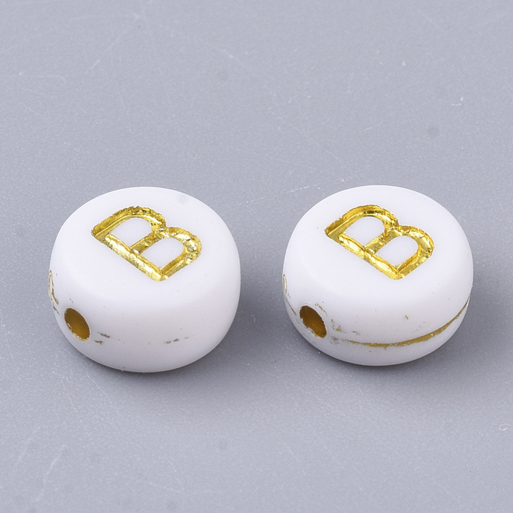 Lettre Perle en plastique, B, blanc et doré, rond et plat, 7x3,5mm