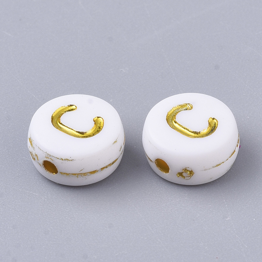 Lettre Perle en plastique, C, blanc et doré, rond et plat, 7x3,5mm