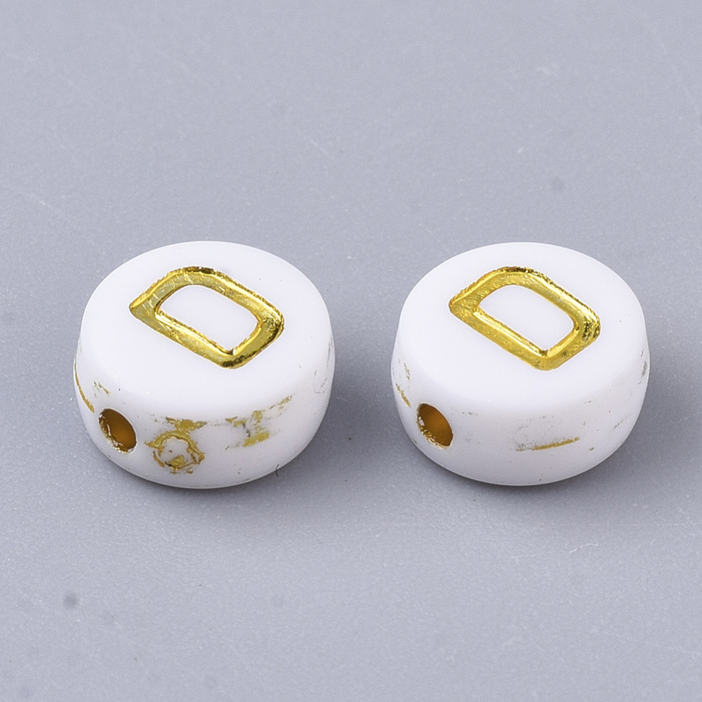 [X-PACR-R242-01D] Lettre Perle en plastique, D, blanc et doré, rond et plat, 7x3,5mm