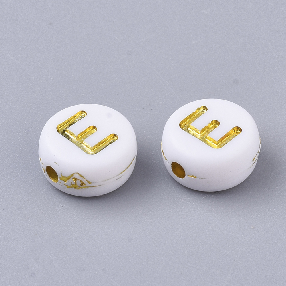 [X-PACR-R242-01E] Lettre Perle en plastique, E, blanc et doré, rond et plat, 7x3,5mm