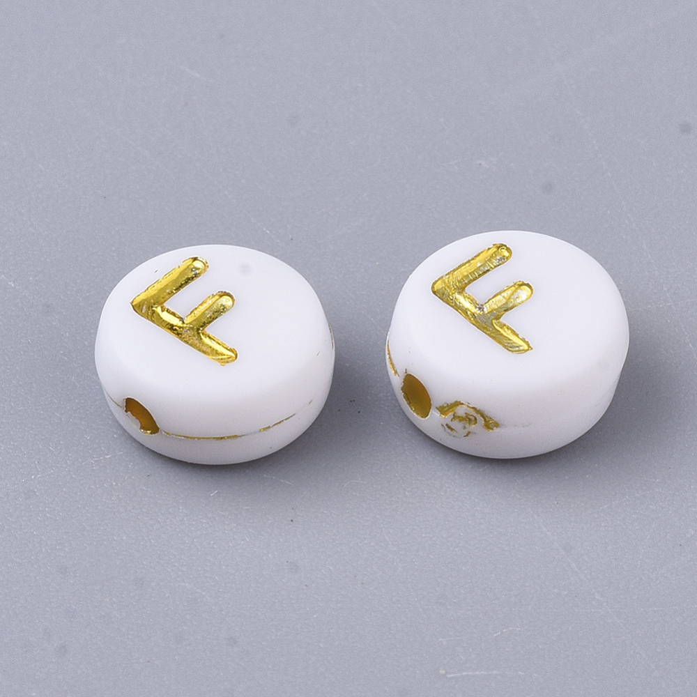 Lettre Perle en métal, F, blanc et doré, rond et plat, 7x3,5mm