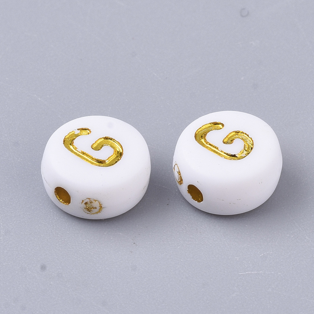 Lettre Perle en plastique, G, blanc et doré, rond et plat, 7x3,5mm