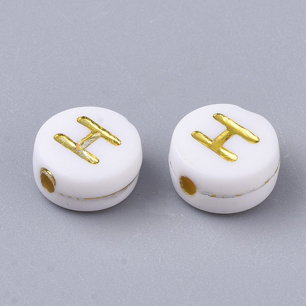 Lettre Perle en plastique, H, blanc et doré, rond et plat, 7x3,5mm