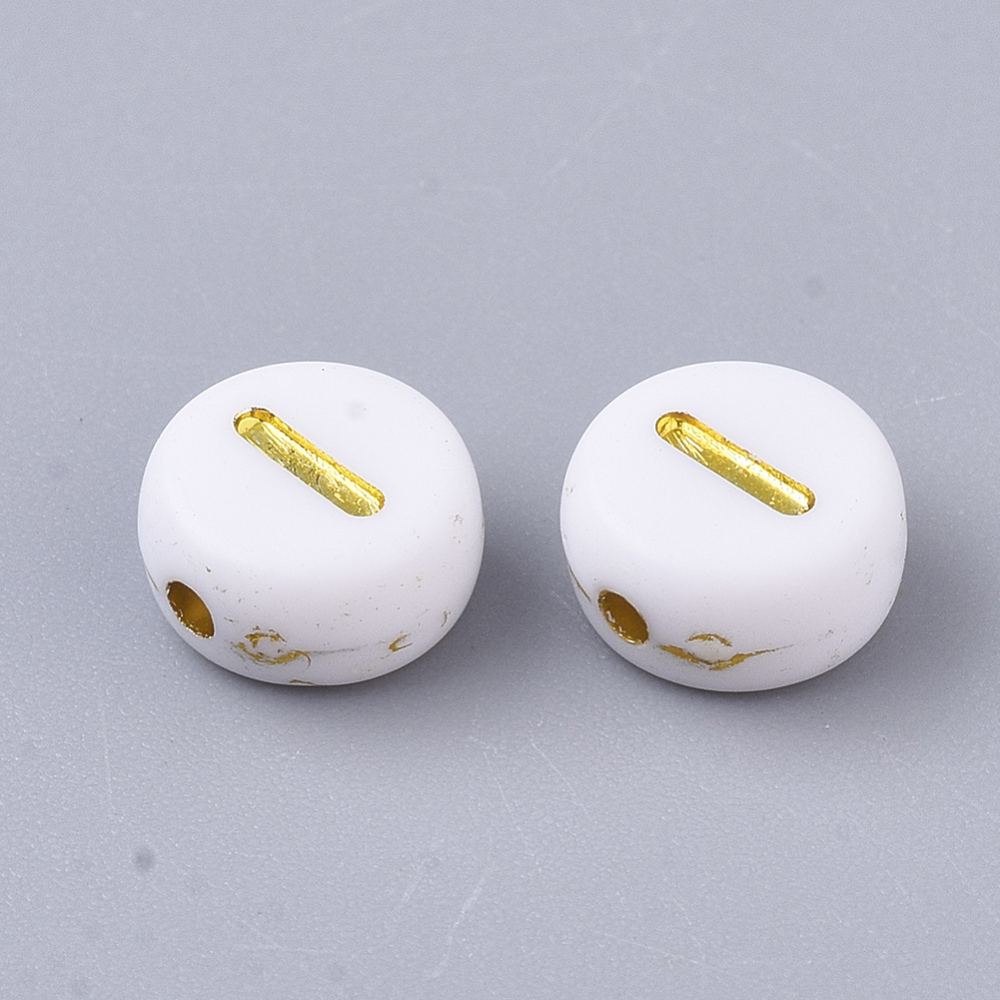 [X-PACR-R242-01I] Lettre Perle en plastique, I, blanc et doré, rond et plat, 7x3,5mm