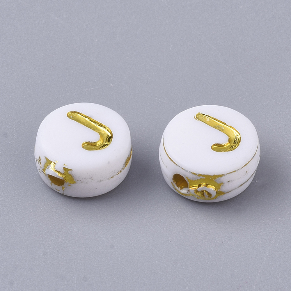 Lettre Perle en plastique, J, blanc et doré, rond et plat, 7x3,5mm
