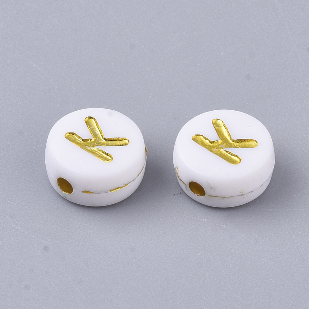 [X-PACR-R242-01K] Lettre Perle en plastique, K, blanc et doré, rond et plat, 7x3,5mm