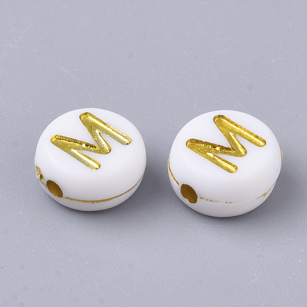 [X-PACR-R242-01M] Lettre Perle en plastique, M, blanc et doré, rond et plat, 7x3,5mm