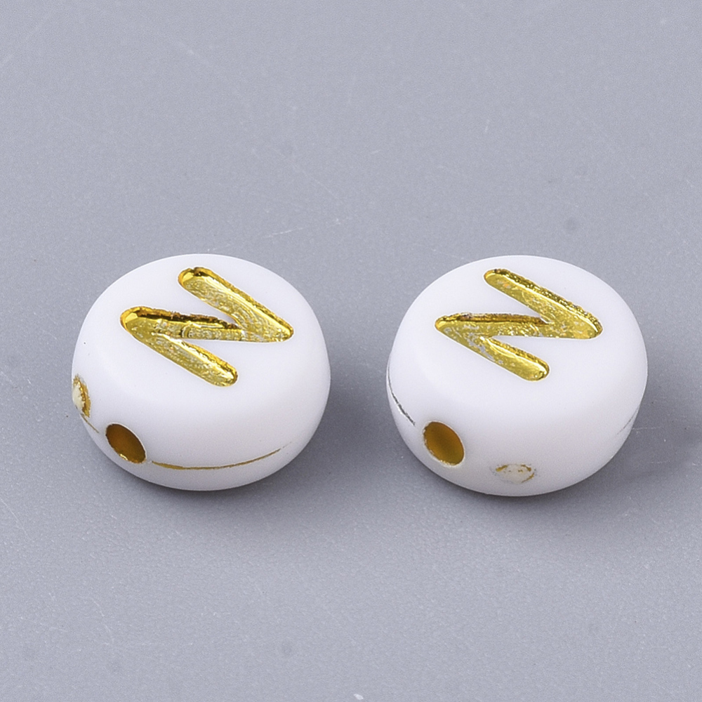 Lettre Perle en plastique, N, blanc et doré, rond et plat, 7x3,5mm