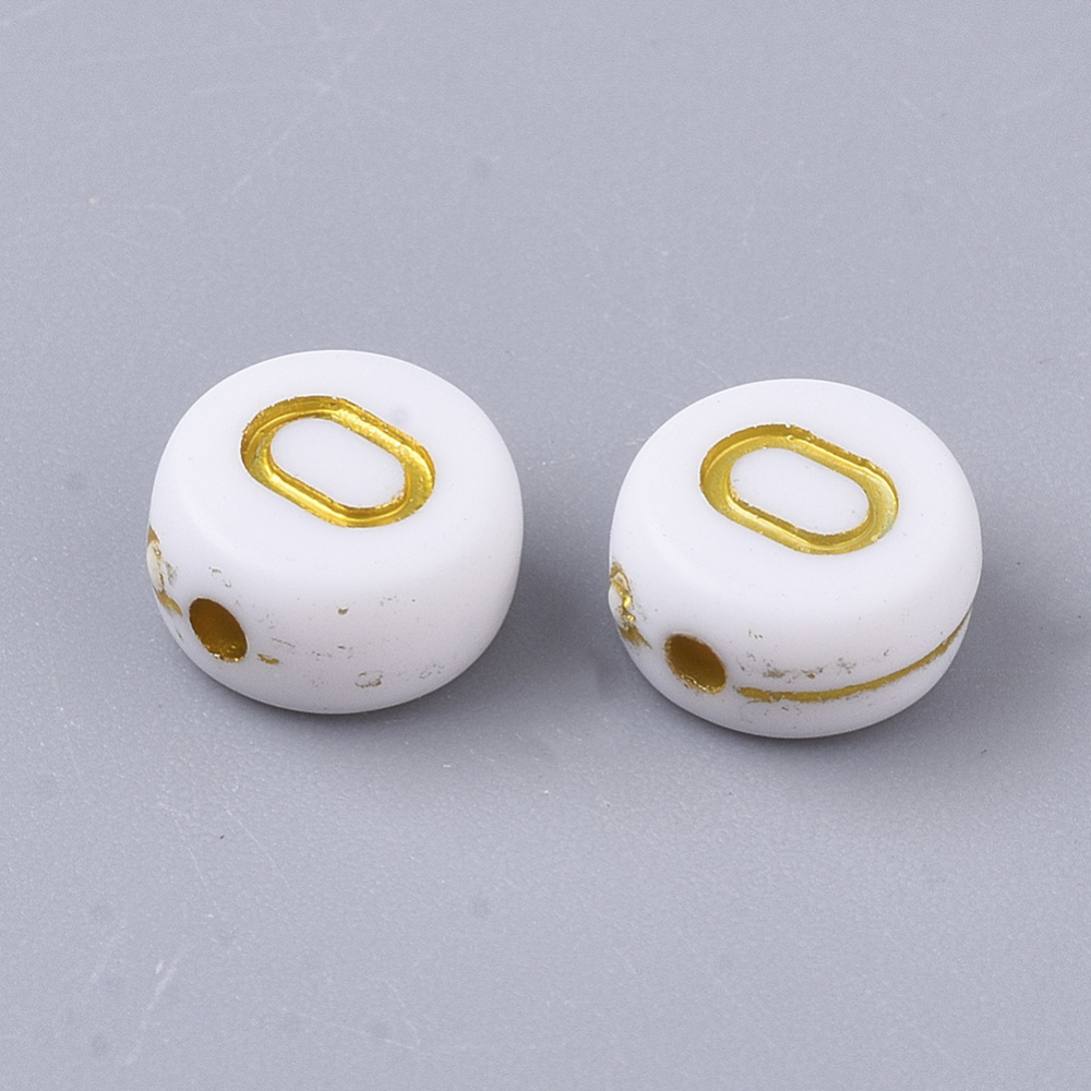 [X-PACR-R242-01O] Lettre Perle en plastique, O, blanc et doré, rond et plat, 7x3,5mm