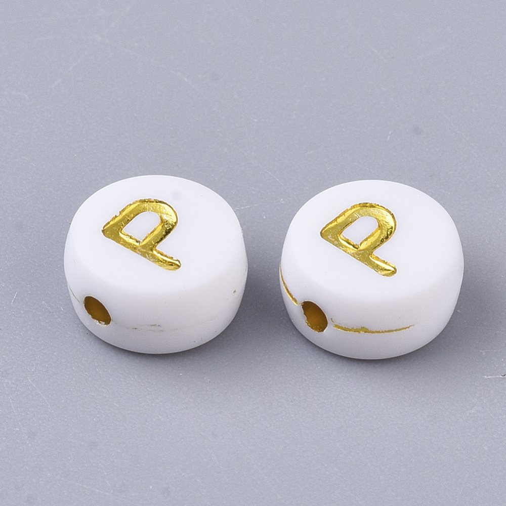 Lettre Perle en plastique, P, blanc et doré, rond et plat, 7x3,5mm