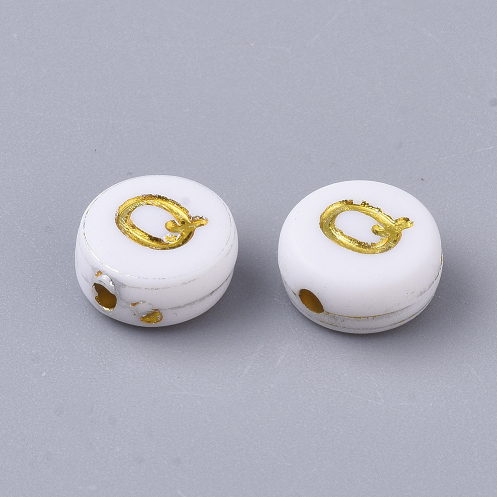 [X-PACR-R242-01Q] Lettre Perle en plastique, Q, blanc et doré, rond et plat, 7x3,5mm