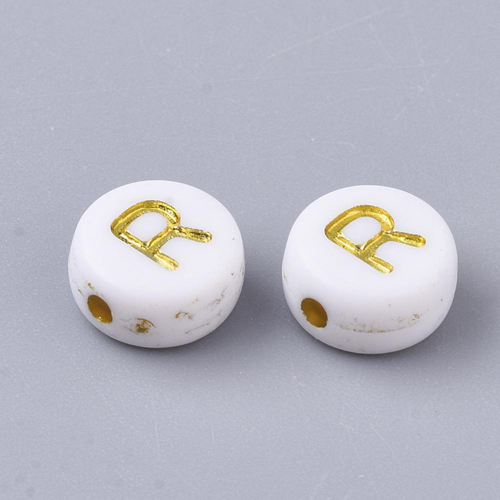 Lettre Perle en métal, R, blanc et doré, rond et plat, 7x3,5mm