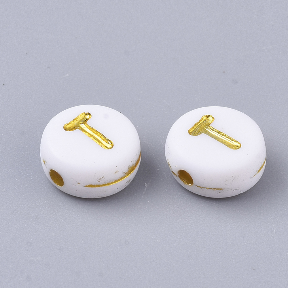 Lettre Perle en plastique, T, blanc et doré, rond et plat, 7x3,5mm