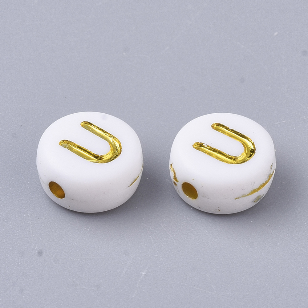 Lettre Perle en plastique, U, blanc et doré, rond et plat, 7x3,5mm