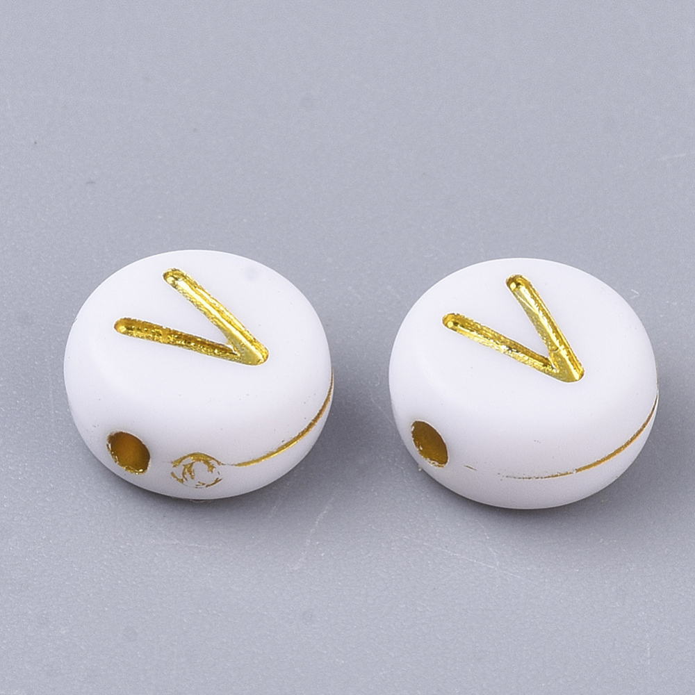 [X-PACR-R242-01V] Lettre Perle en plastique, V, blanc et doré, rond et plat, 7x3,5mm