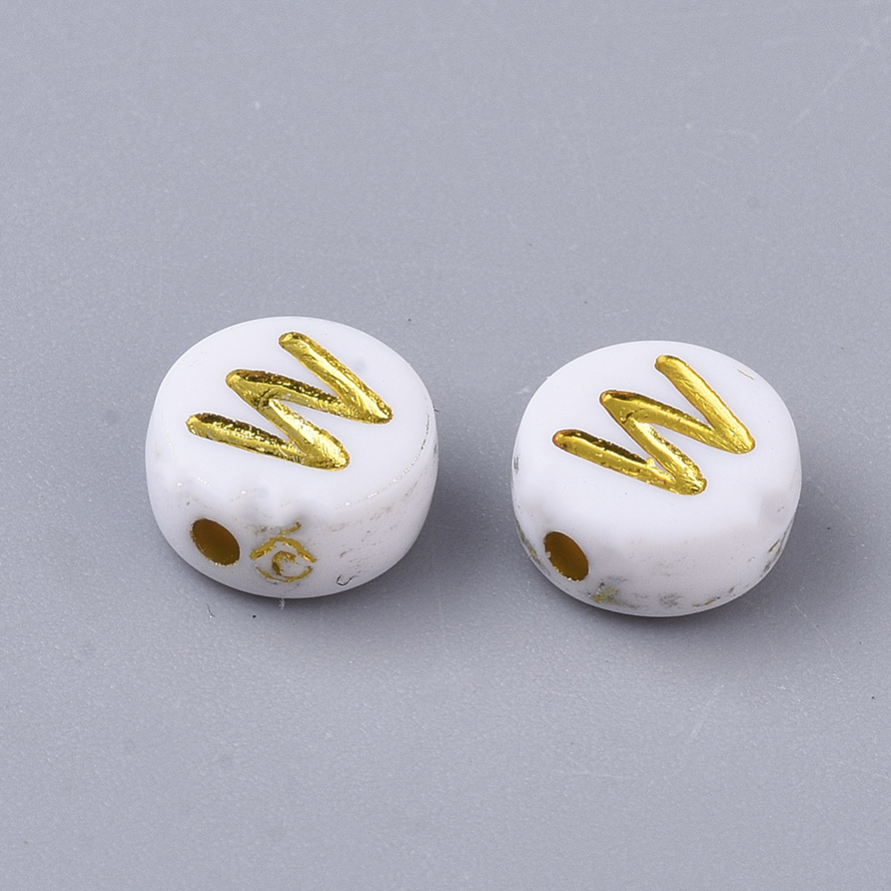 Lettre Perle en plastique, W, blanc et doré, rond et plat, 7x3,5mm