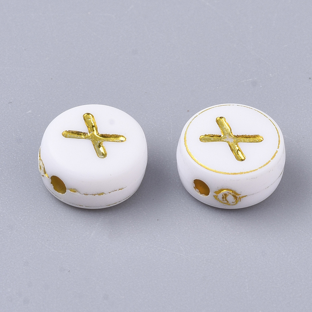 Lettre Perle en plastique, X, blanc et doré, rond et plat, 7x3,5mm