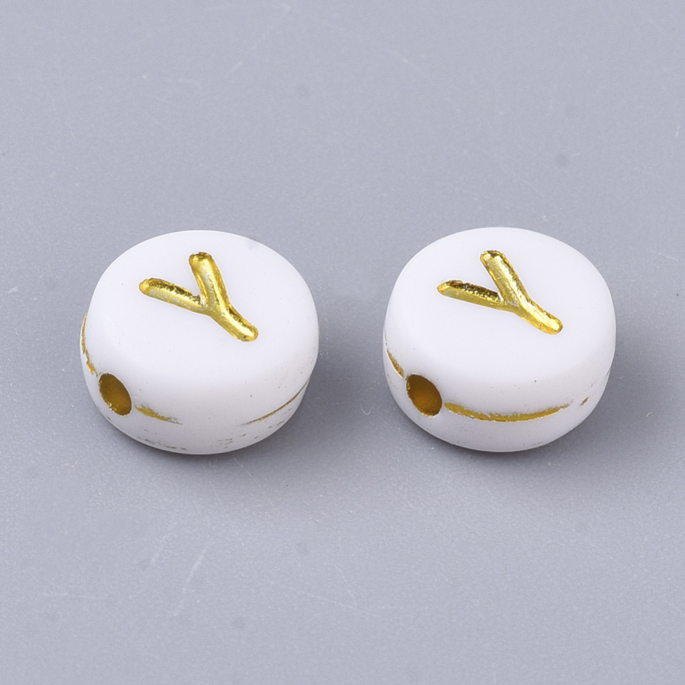 Lettre Perle en plastique, Y, blanc et doré, rond et plat, 7x3,5mm