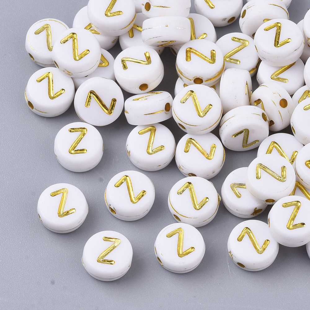 Lettre Perle en plastique, Z, blanc et doré, rond et plat, 7x3,5mm