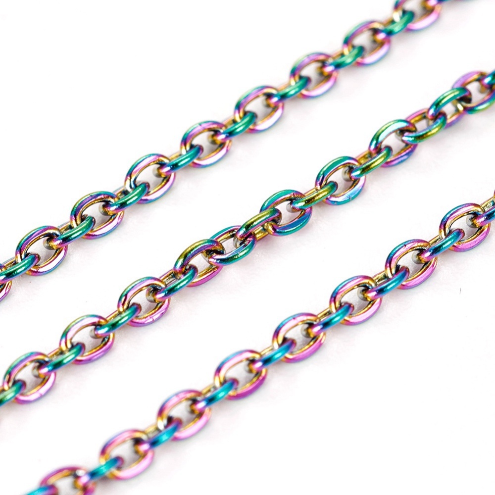 Chaîne INOX, couleur inox arc en ciel, ovale plat, 2x2x1mm au mètre