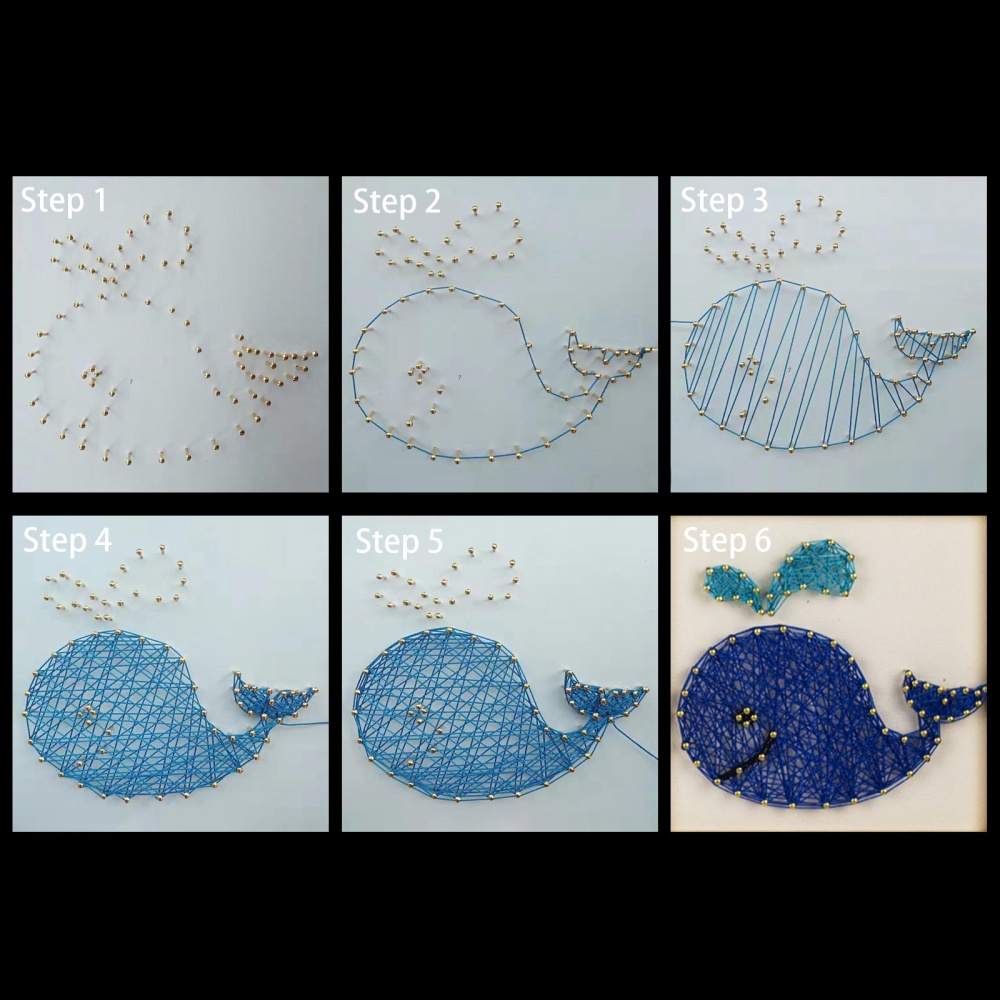 Kit de string art, planche 15x15cm pré-percée motif baleine, marteau, fils, clous, ciseaux, attaches de cadre