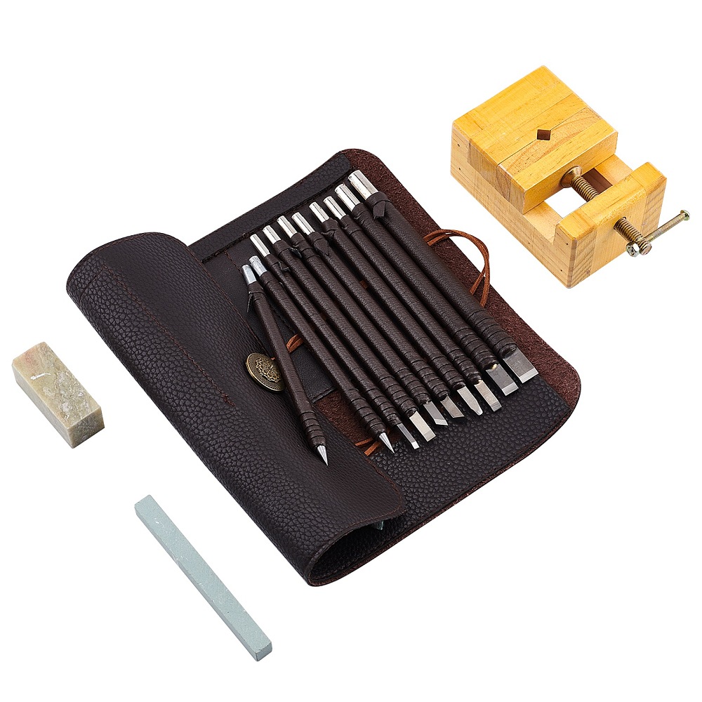 [TOOL-WH0018-70   TOOL-GF0001-13] Ensemble de ciseaux à bois en tungstène, avec étui, étau et pierre à aiguiser