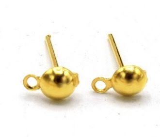 Boucle d'oreille puce et demi-boule avec anneau 1mm, laiton doré, 3mm, la paire