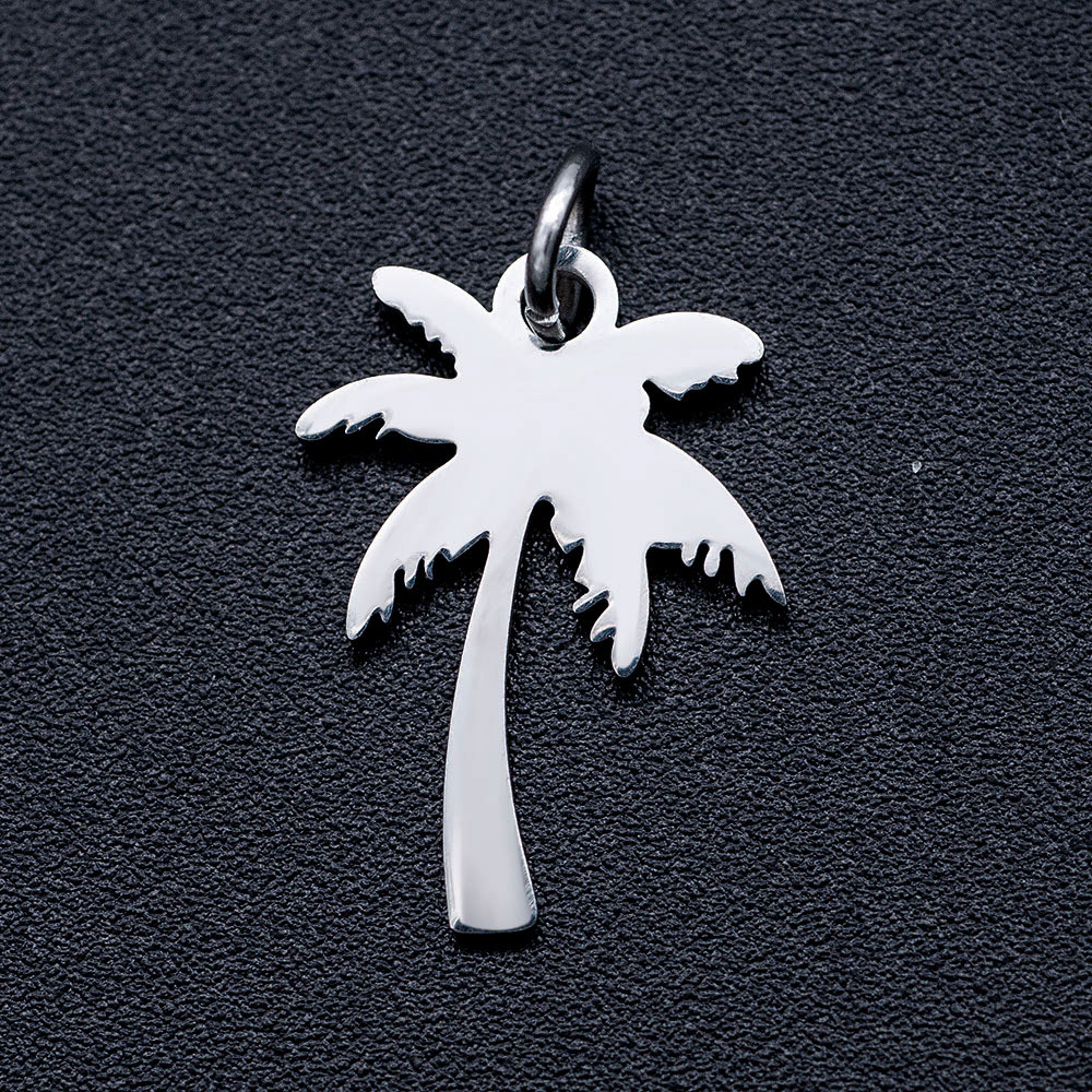 Pendentif INOX, argent, cocotier avec anneau, 17x12x1mm, trou: 3mm, anneau de jonction: 5x0,8mm
