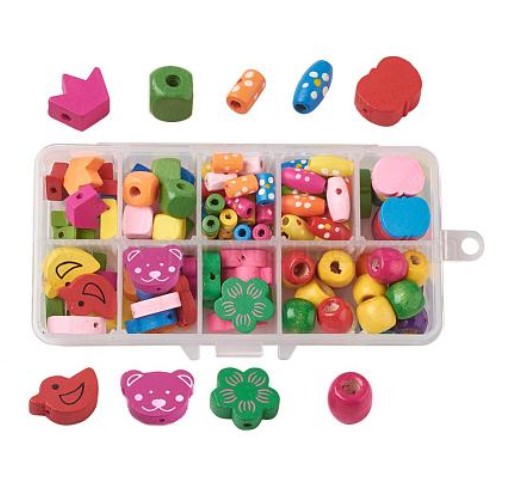 Coffret perles en bois écologiques, formes mixtes, multicolores, 11x7x3mm, ~ 110 perles