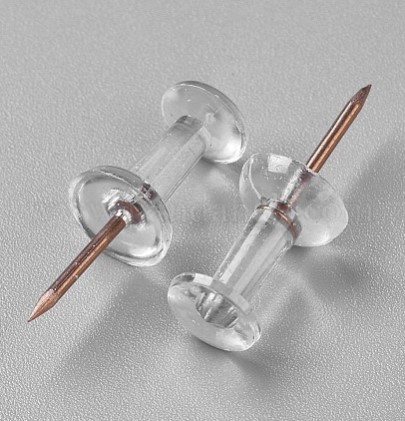 Punaises en plastique bout transparent, épingle or rose, 23x8mm