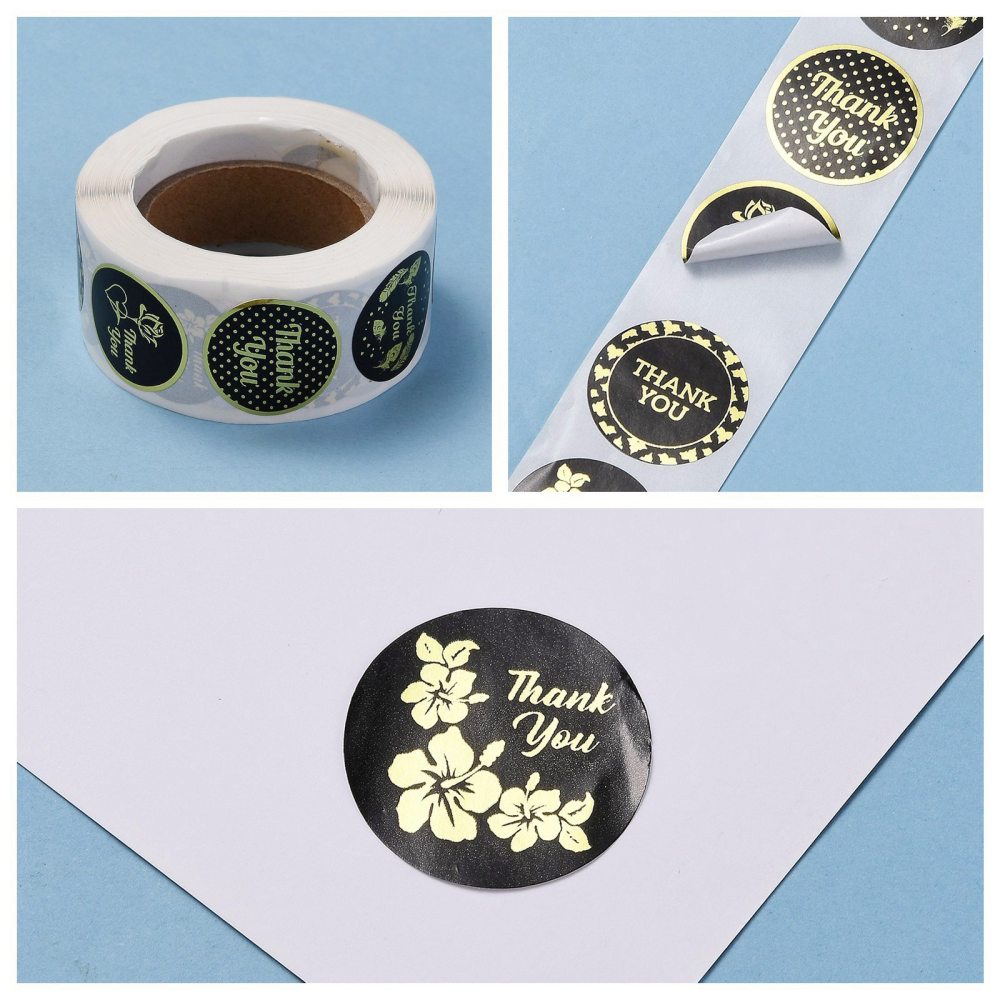Rouleau stickers autocollants, thank you "or noir" VIP 2.5cm, 500 stickers