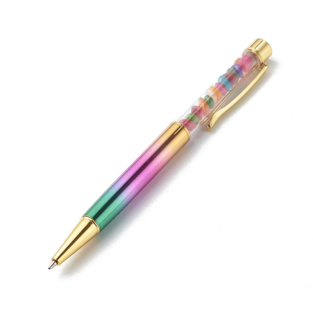 Stylo à bille, avec coquillages multicolores intérieure, arc en ciel, 143x13x10mm