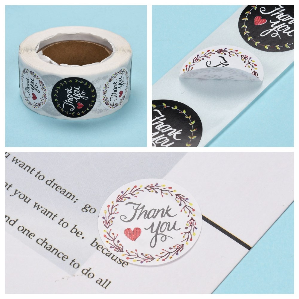 Rouleau stickers autocollants, thank you coeur rouge, 2.5cm, 500 stickers