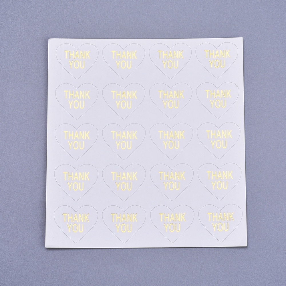 Autocollants coeur blanc "Thank you" doré, 20x30mm, 120 pièces minimum