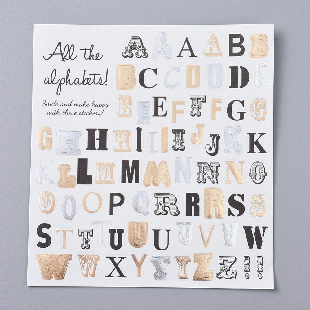 [382845] Stickers autocollant, "lettres alphabet multiples", or, argent, ~1.5x1.5cm, x 72 pièces