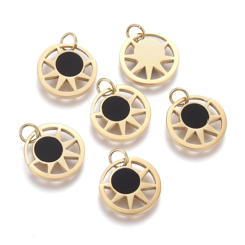 Pendentif INOX doré, soleil avec centre noir, 12x1,5mm, trou 2,8mm