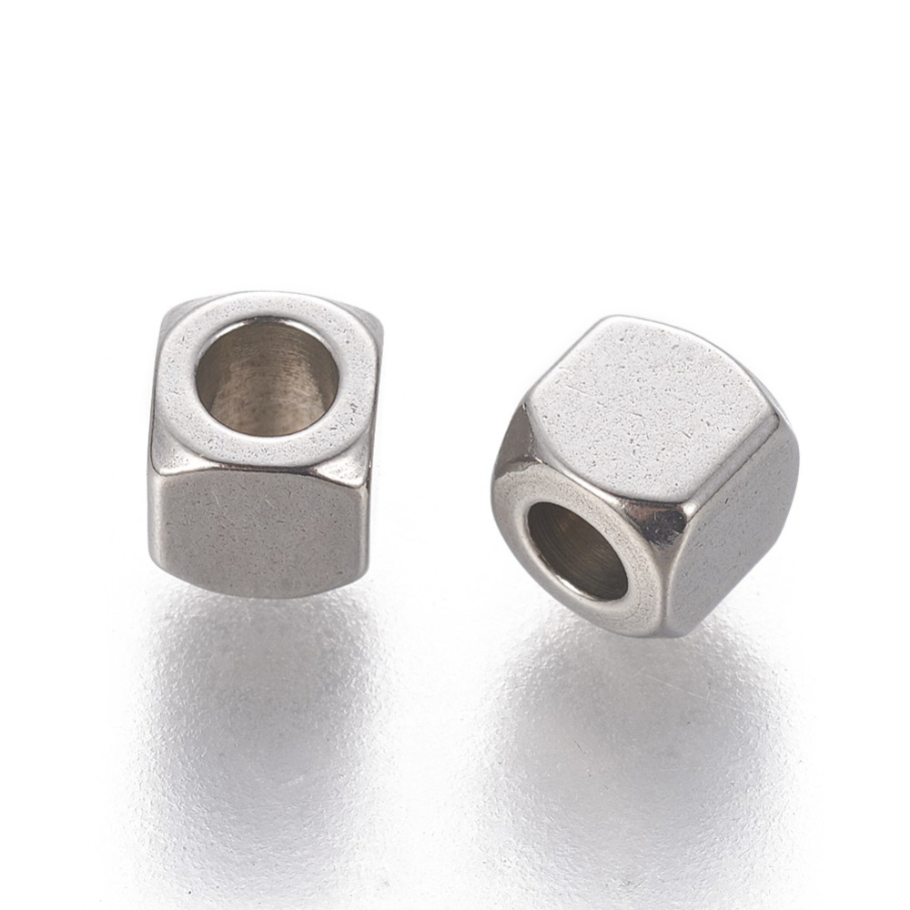 Perle Inox argenté, cube, 4x4x4mm, Trou: 2mm