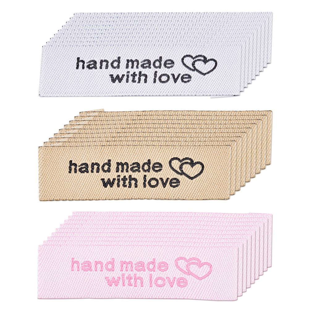 Etiquette en tissu "hand made with love" à coudre, rose, beige, ou noire, 50x15x0.4mm
