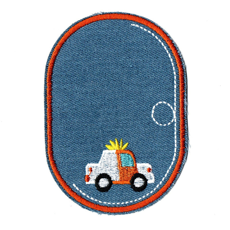 Patch thermocollant, ovale avec voiture, bleu acier, 11.2x7.9 cm