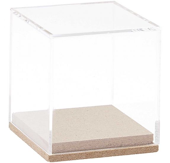 Cube transparent, socle en bois, décoration intérieur, 13x12.5x12.5cm