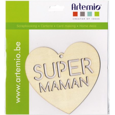 Coeur en bois "SUPER MAMAN", 16x15x0.3cm