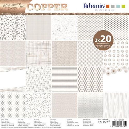 [11002392] Bloc de 40 pages déco, effet cuivre / fond blanc, 20 thèmes, 30.5x30.5cm