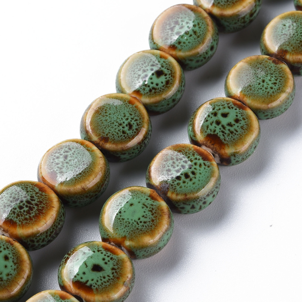 Perle céramique peinte à la main, plate ronde, 12x7mm, Trou: 2mm, 6 couleurs