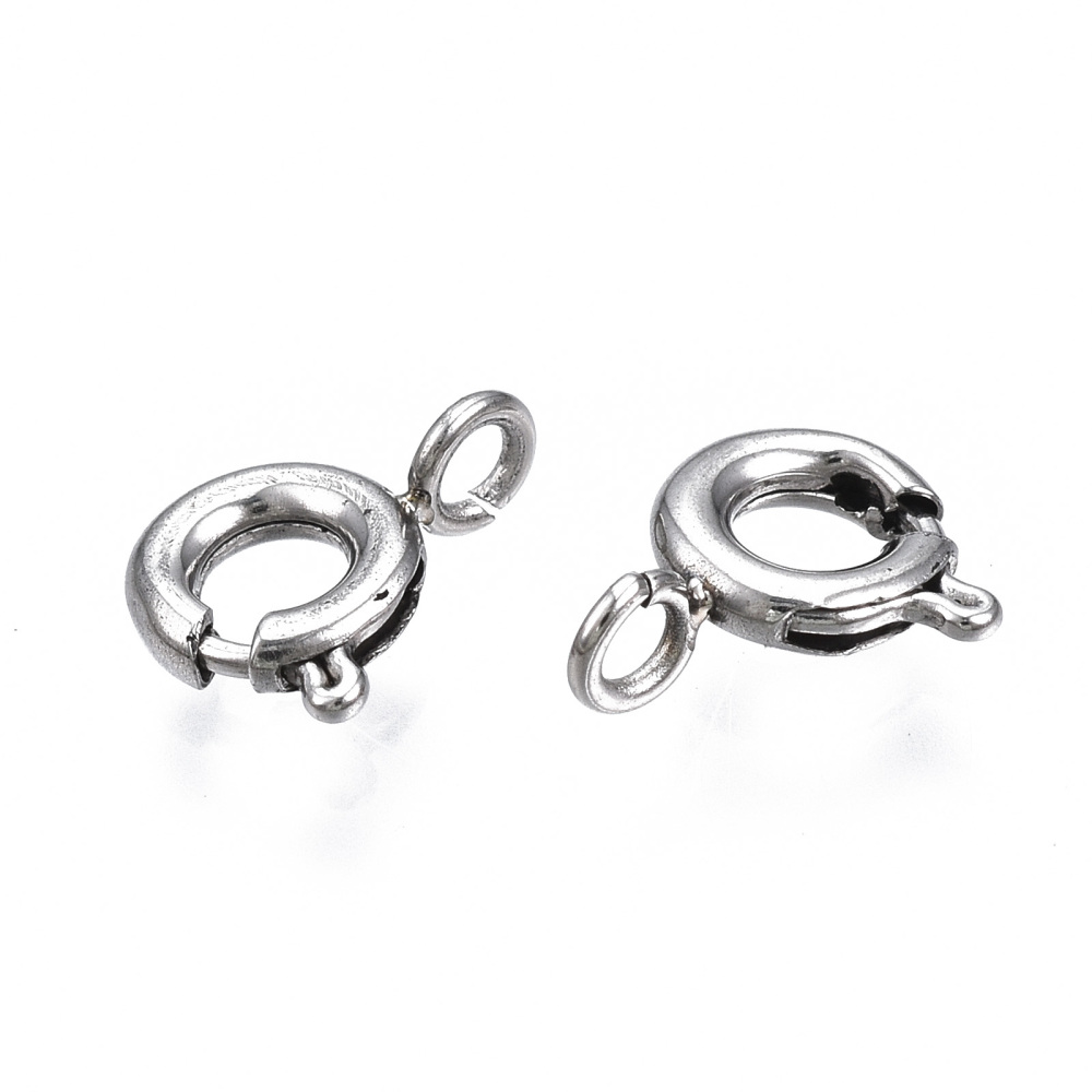 Fermoir à ressort INOX argenté, rond, 6,5x8x1,5mm, trou 1,5mm
