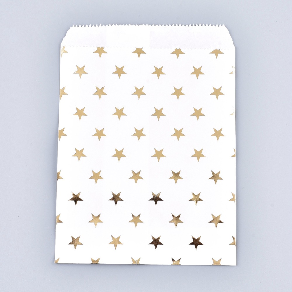 Pochette cadeau papier kraft, blanc avec étoiles dorées, 18x13 cm