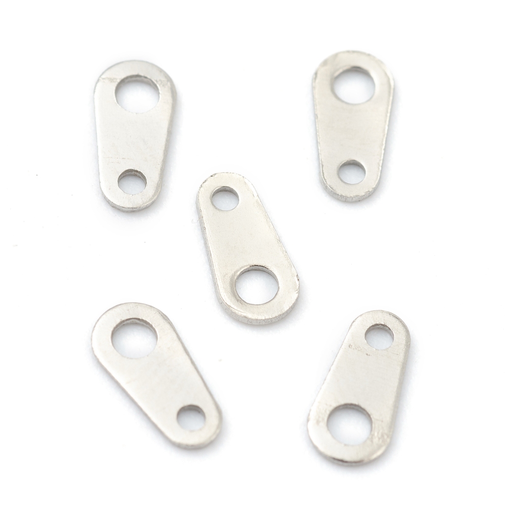 Attache pour fermoir INOX argenté, 9x6.5x3x0.5mm, trou 0,9mm et 1,5mm