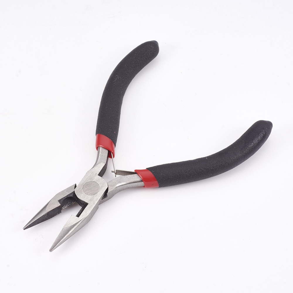 Pince à bijoux en acier au carbone, bec plat et dentelé, manche noir, 120x83mm, l'unité