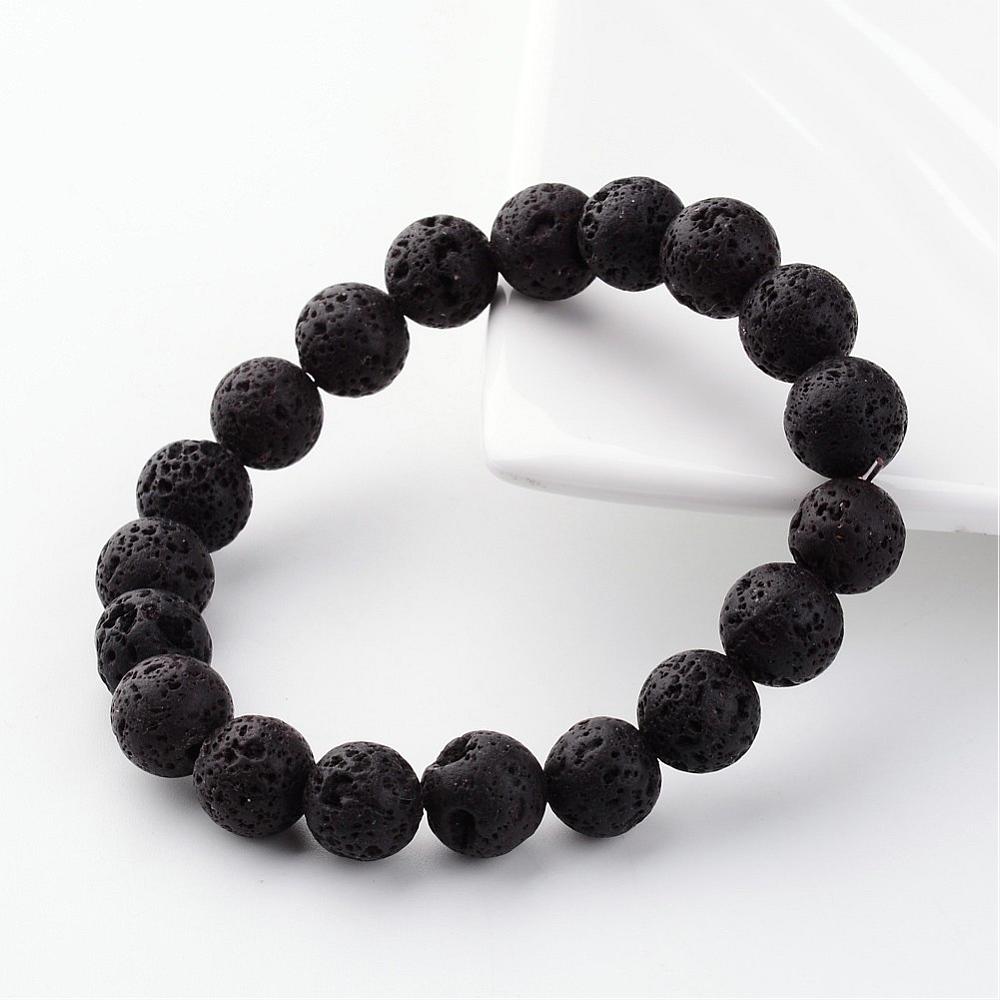 Bracelet élastique en Pierre de Lave naturelle noire, perles 10mm, diam bracelet 5.5cm